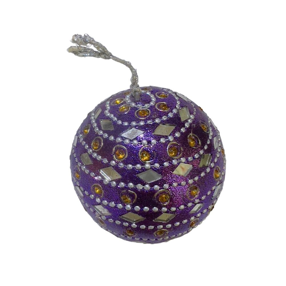 Vintage Purple Mirrored Orange Gemstones Silver Beaded Christmas‎ Ornament